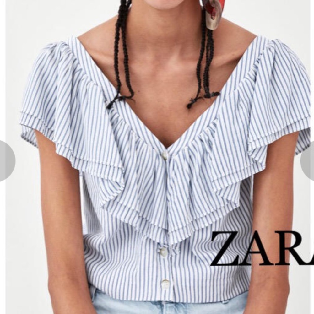 Zara Crop Ruffle blue and white stripe Top